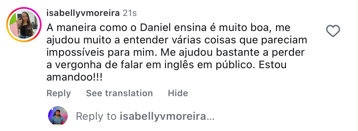 Depoimento de isabellyvmoreira sobre o curso Inglês Autodidata